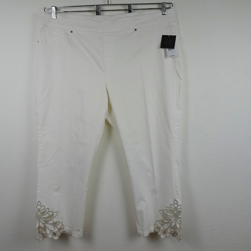 John Mark Embroidered Eyelet Hem Pants Women's Plus Size 3X White Denim Stretch